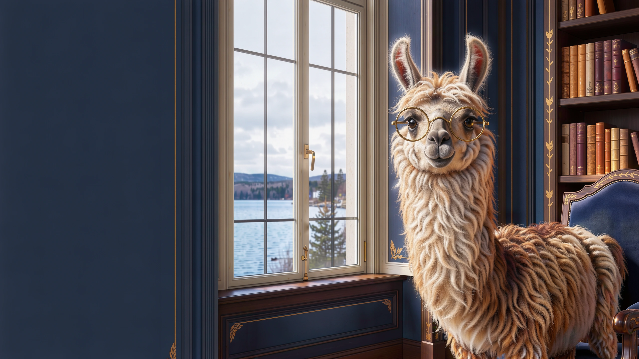Soft Margins llama with brass spectacles in a blue and ivory reading room