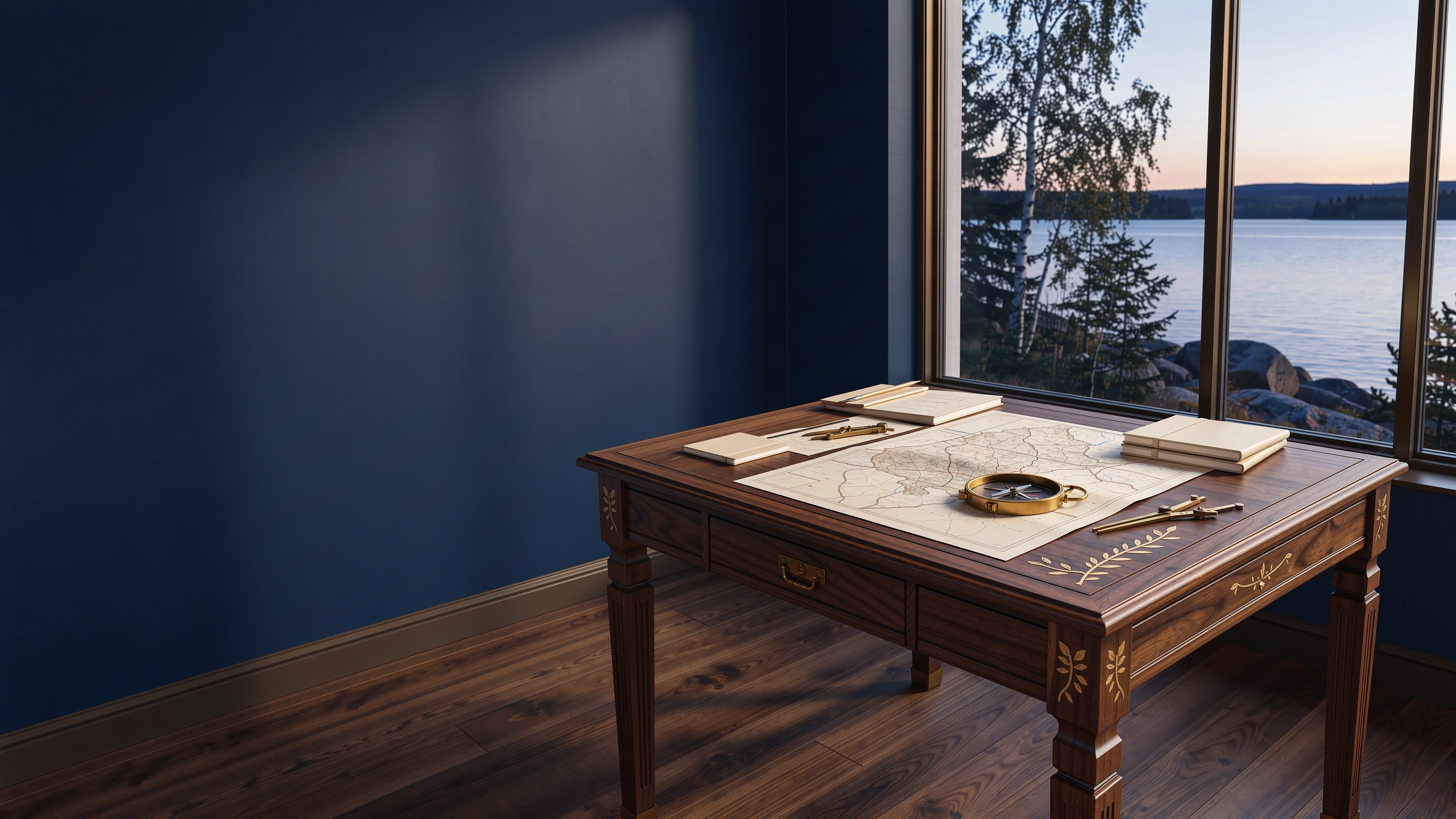 Concept artwork of a finely crafted walnut planning desk, abstract map and brass tools beside a northern lake